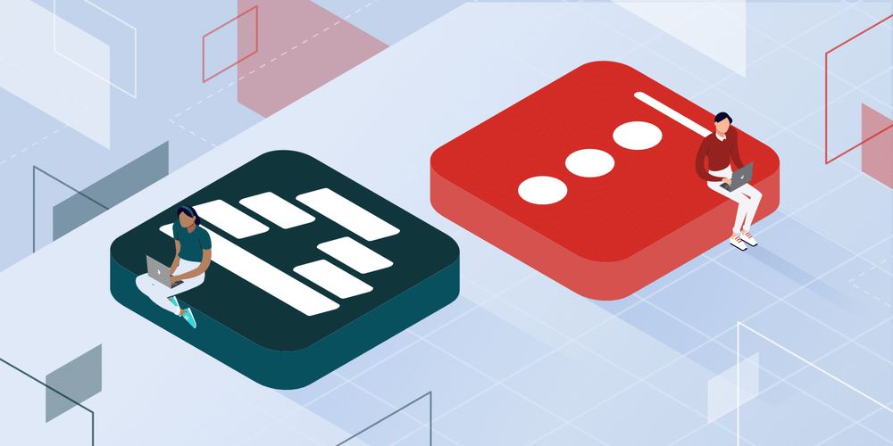 Giant Dashlane and LastPass app icons, each with a person working on a laptop, comparing two password managers