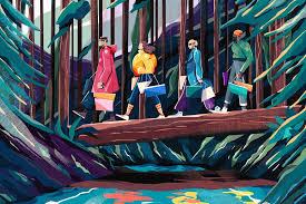Four shoppers carrying shopping bags walk single file across a fallen log in a dark forest