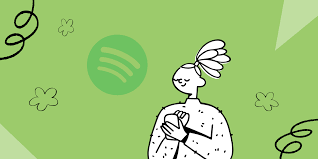 Line drawing of a woman hugging her phone in front of a big Spotify logo on a green background