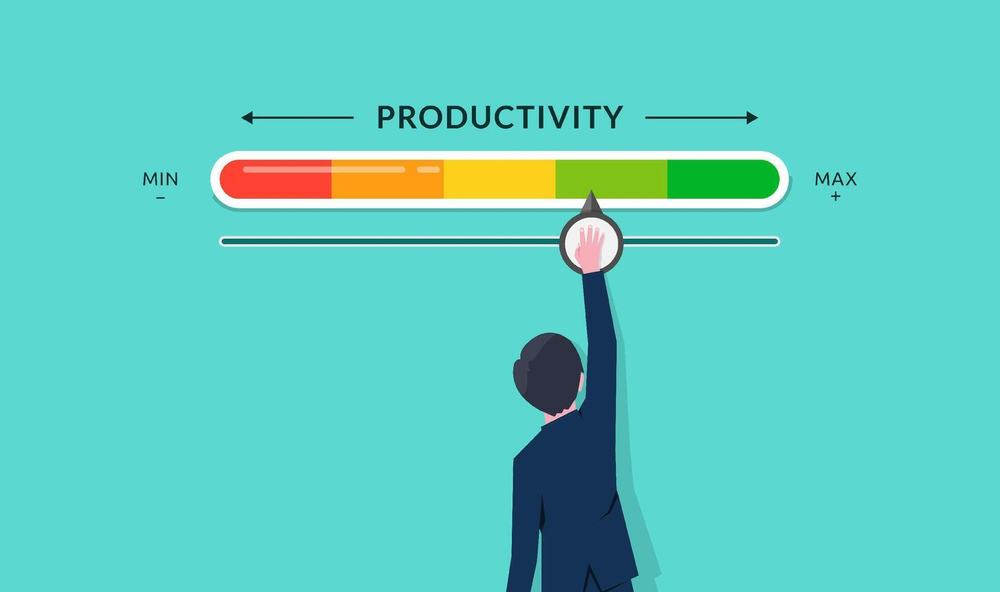 Businessman pushing a productivity slider from red toward green, between Min and Max