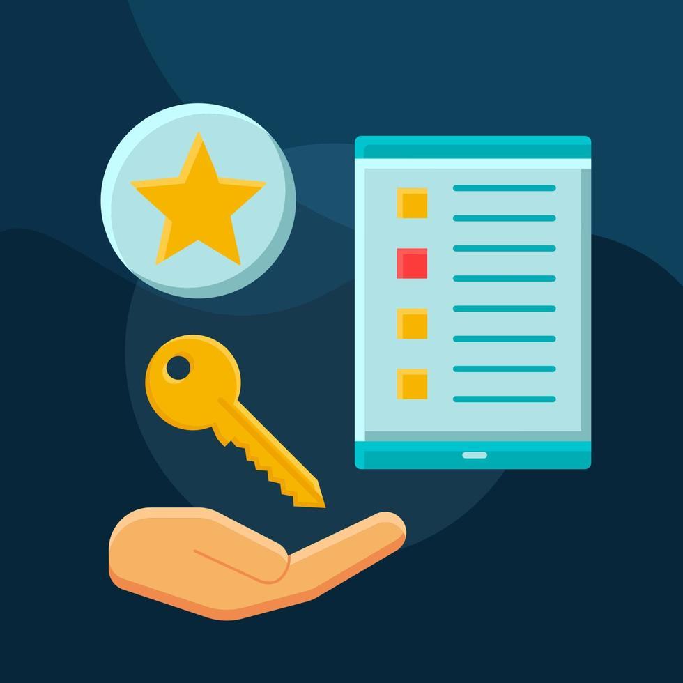 Flat icons of a star, a key held over an open hand, and a checklist on a tablet with one item marked in red
