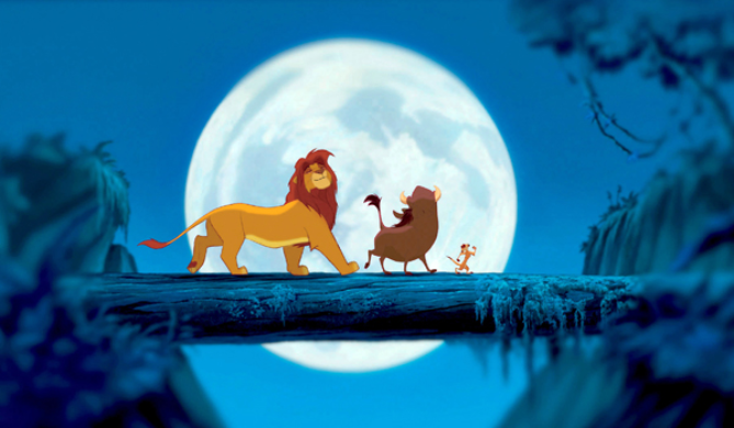 Simba, Pumbaa and Timon walk across a log in front of a full moon in The Lion King