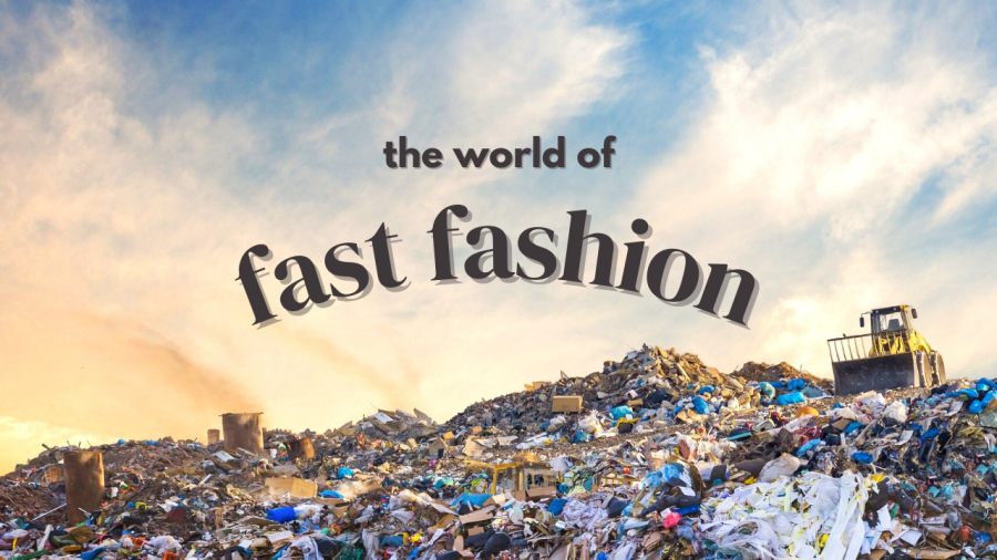 Words 'the world of fast fashion' over a towering landfill of waste with a bulldozer on top
