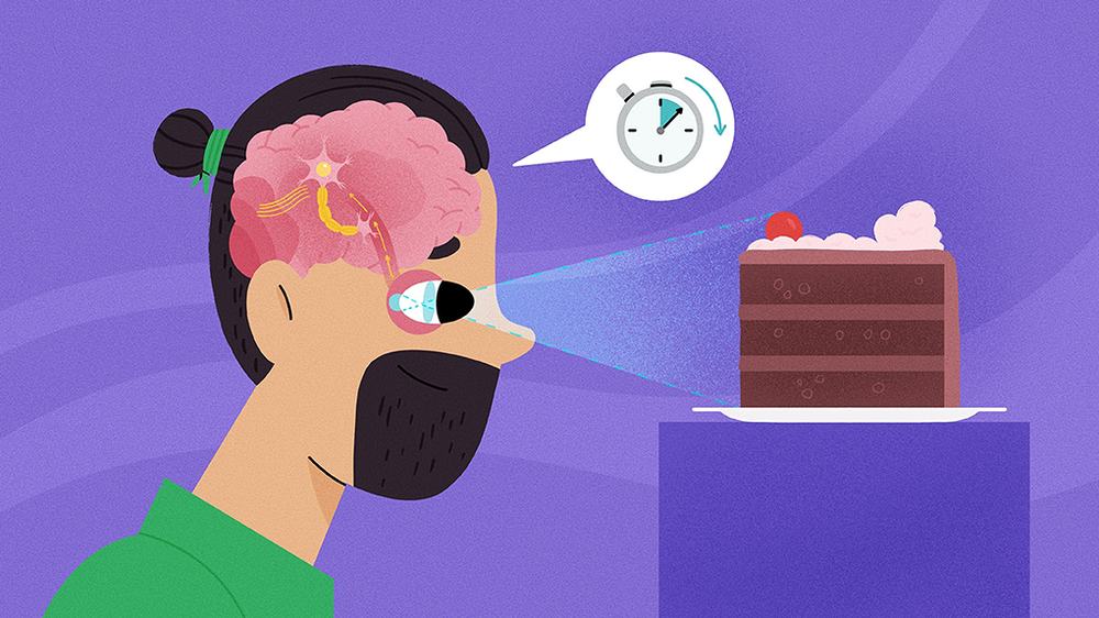 Man whose eye and brain light up as he looks at a slice of chocolate cake, with a stopwatch overhead