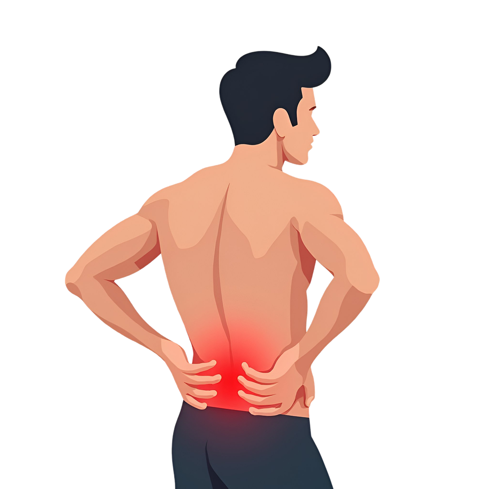 Illustration of a man from behind holding his lower back, the painful spot glowing red