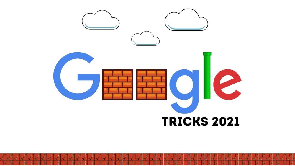 Google logo redrawn with Mario-style brick blocks and a green pipe above the words 'Tricks 2021'