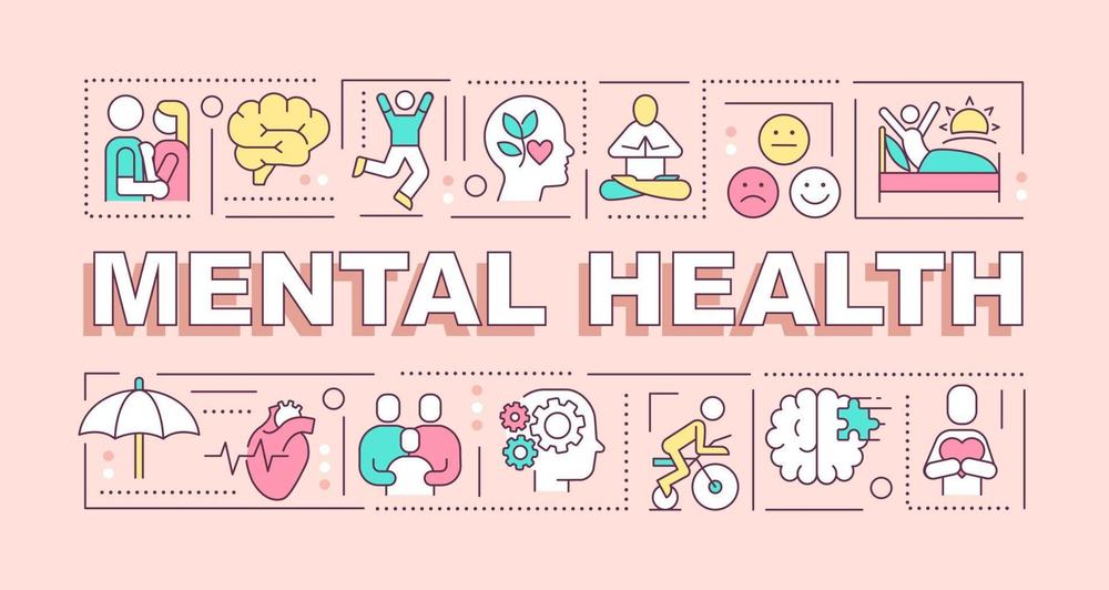 Mental Health banner with icons for therapy, meditation, mood, sleep, exercise and emotional support
