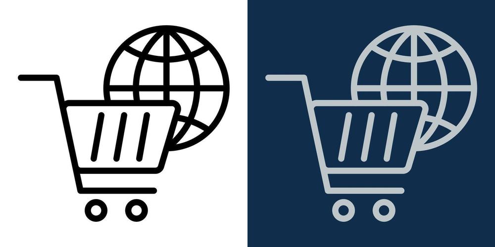 Line icon of a shopping cart in front of a globe, in black on white and in gray on navy