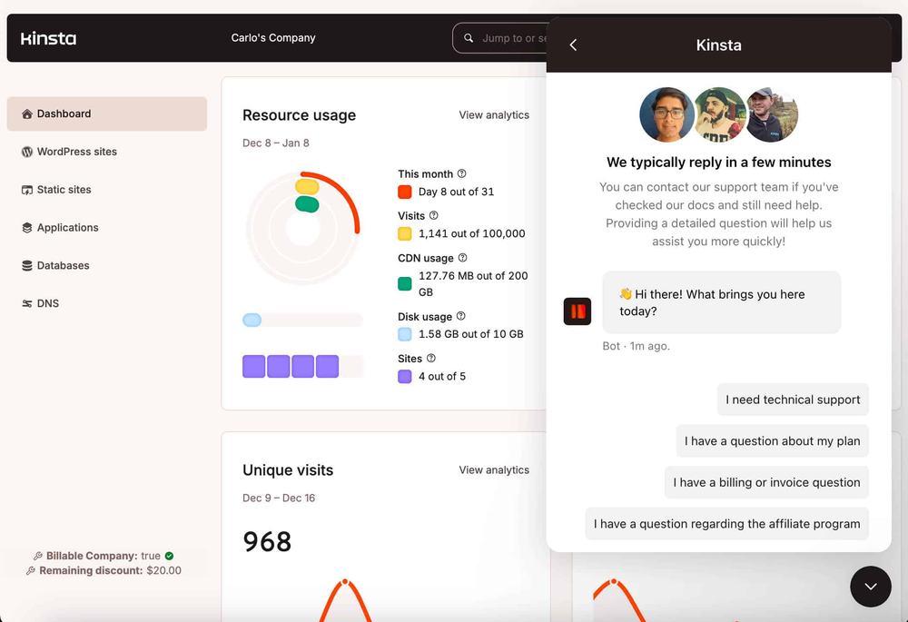 Kinsta hosting dashboard with resource usage figures and an open support chat offering reply options