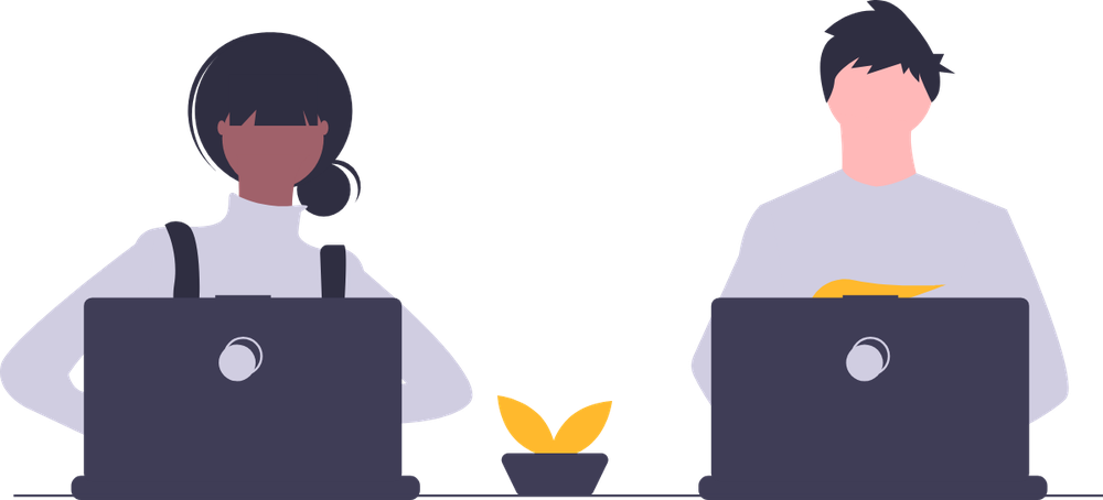 Two people working side by side at laptops on a shared desk