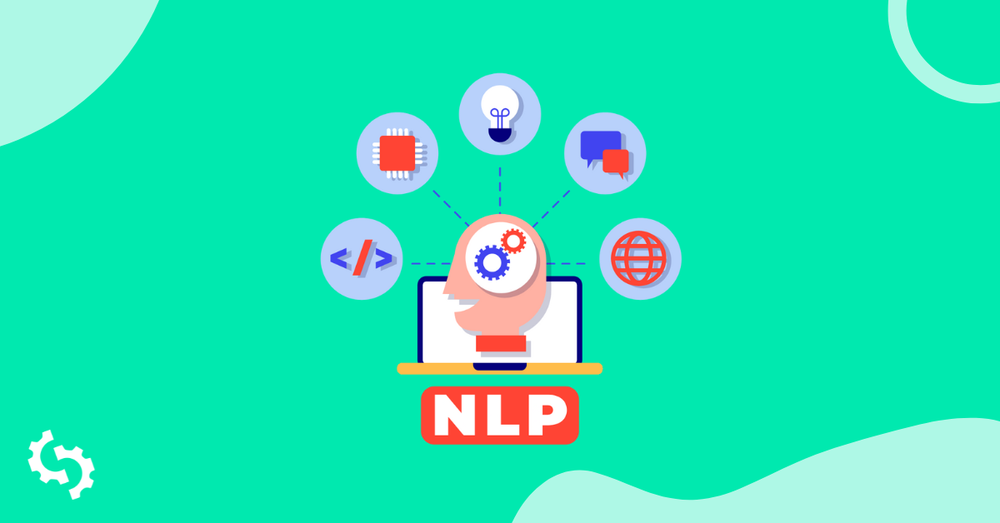 NLP graphic: a head with gears on a laptop, linked to code, chip, lightbulb, chat and globe icons