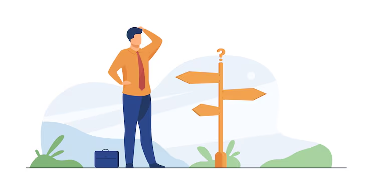 Illustration of a businessman scratching his head beside a signpost with three arrows and a question mark