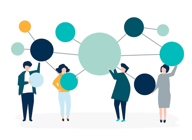 Illustration of four people holding colored circles linked together like a network