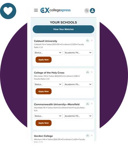 CollegeXpress app on a phone listing saved schools with tuition, enrollment and Apply Now buttons