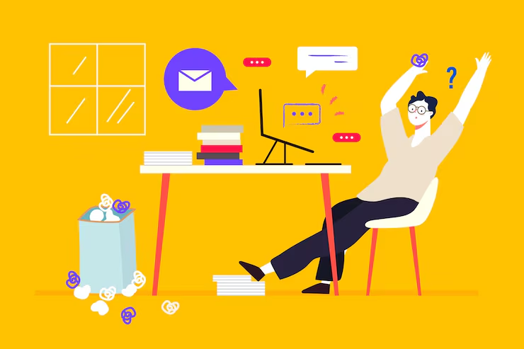 Man leaning back from his desk with arms raised, amid email and chat bubbles and crumpled paper