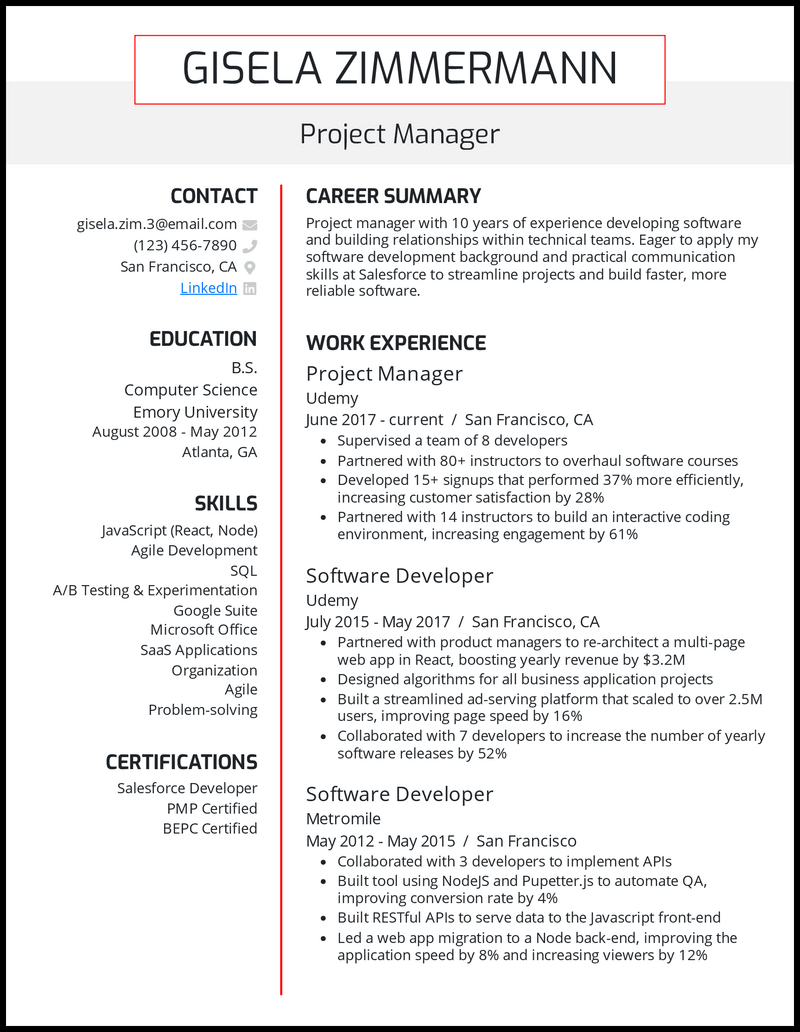 Two-column project manager resume example with career summary, work experience, skills and certifications