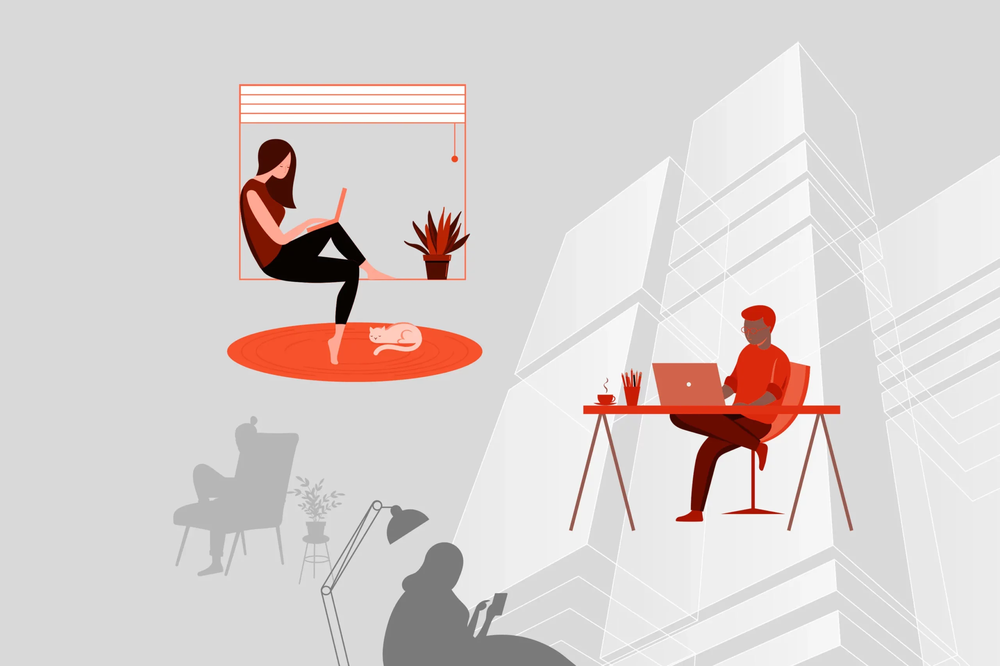 Remote workers: a woman on a laptop at home with a cat, a man at a desk floating beside office towers