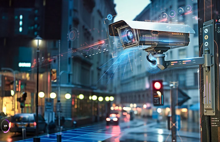 Security camera on a rainy city street at dusk, overlaid with digital tracking graphics