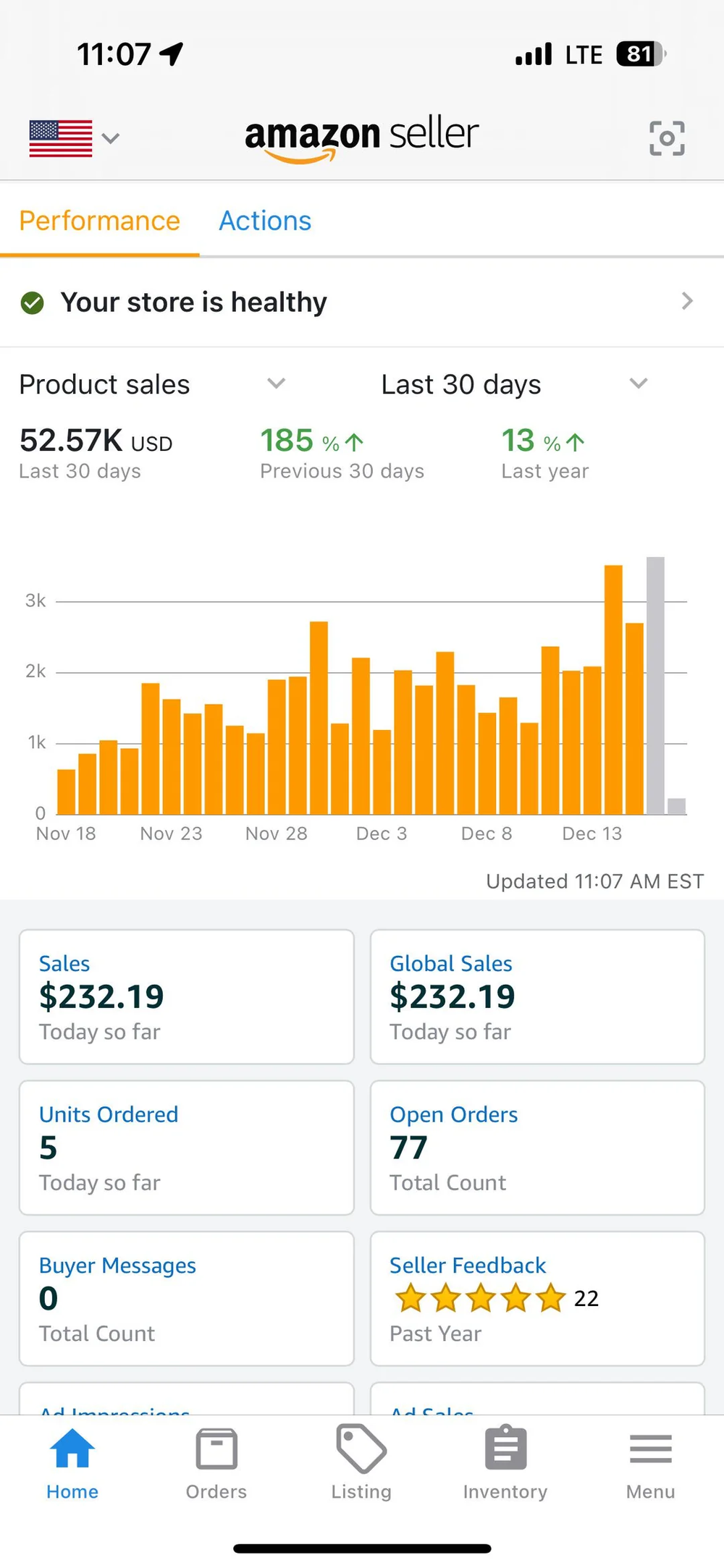 Amazon Seller app showing a healthy store, a 30-day product sales chart and five-star seller feedback