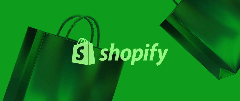Shopify logo over green shopping bags