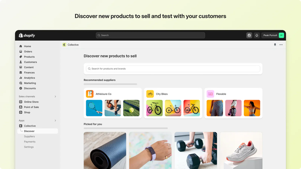 Shopify Collective screen "Discover new products to sell", with recommended suppliers and picked products