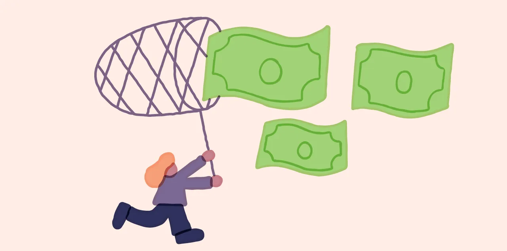 Illustration of a woman running with a butterfly net to catch flying dollar bills