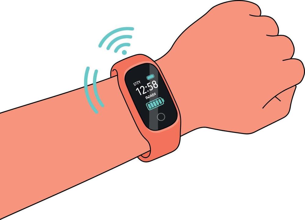 Illustration of a fitness tracker band on a wrist sending out wireless signals