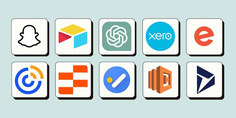 Grid of ten app icons, including Snapchat, Airtable, ChatGPT, Xero, Eventbrite, Google Tasks and Microsoft Dynamics 365