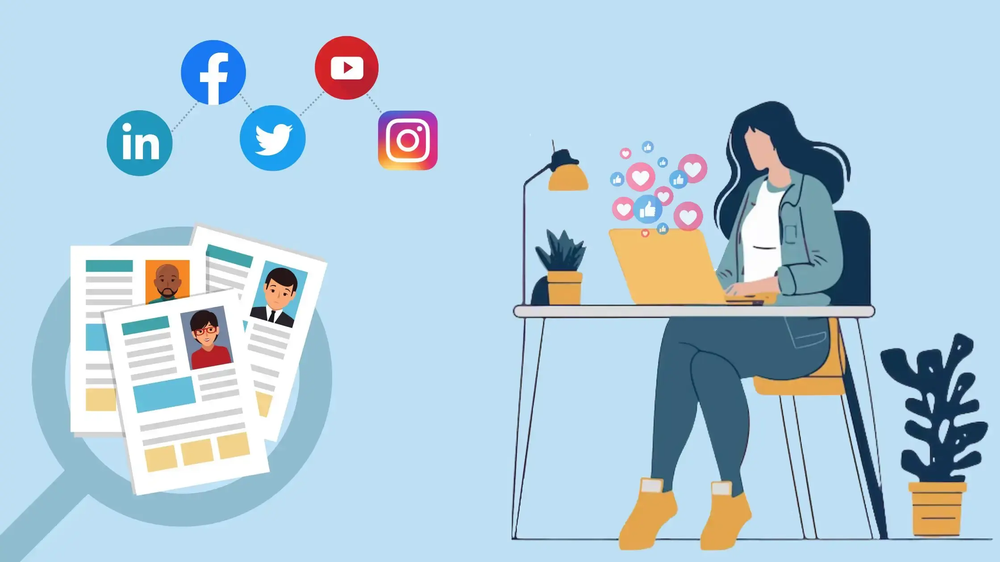 Recruiter at a laptop drawing likes, beside resumes under a magnifier and LinkedIn, Facebook, Twitter, YouTube logos
