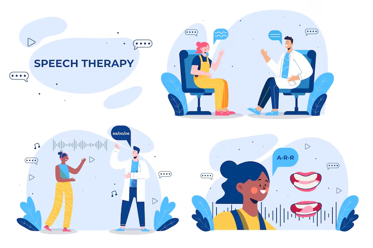 Illustrated speech therapy sessions: therapists talking with patients and practicing sounds like A-R-R