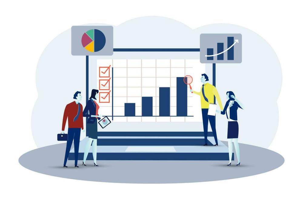 Business team examining a rising bar chart and checklist on a giant laptop screen, one with a magnifying glass
