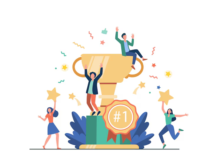 Illustration of people celebrating around a giant gold trophy and a #1 ribbon, holding up stars