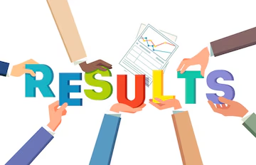 Many hands reaching in from all sides to hold up colorful letters spelling Results around a sheet of charts