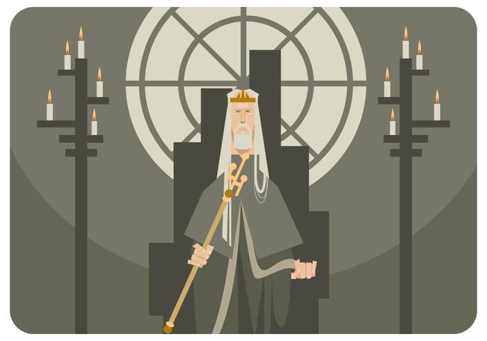 Flat illustration of a gray-bearded king on a dark throne gripping a golden scepter between two candelabras
