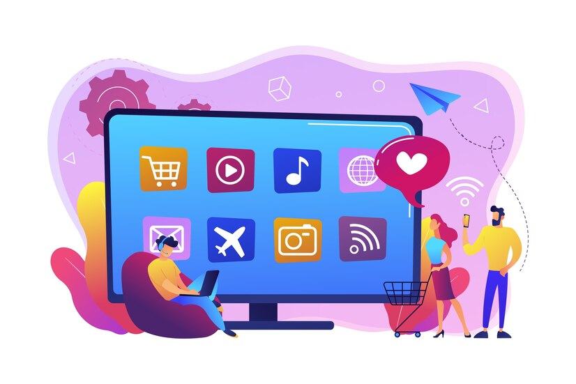 Smart TV full of app icons for shopping, video, music, mail and travel, with people shopping and browsing around it