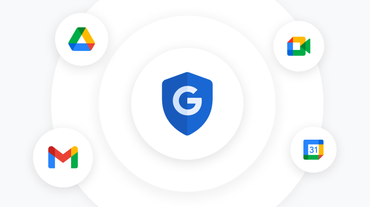 Google Workspace security shield ringed by the Drive, Meet, Gmail and Calendar app icons