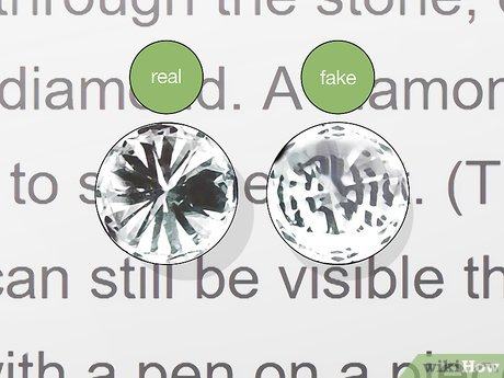 wikiHow diagram of the print test: text shows through the fake diamond but not through the real one