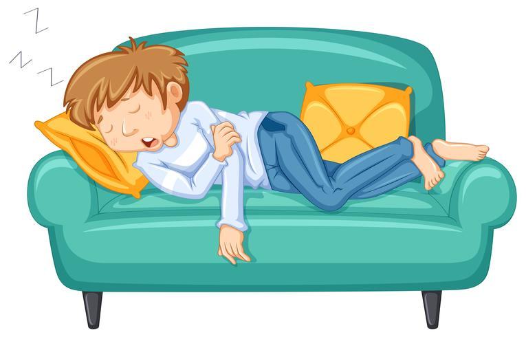 Cartoon man asleep on a teal sofa with yellow pillows, Zzz rising above his head
