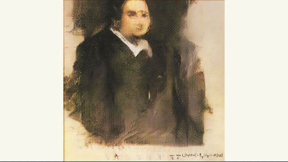 Portrait of Edmond de Belamy, a blurred AI-generated painting of a man in a dark coat, signed with an algorithm's formula