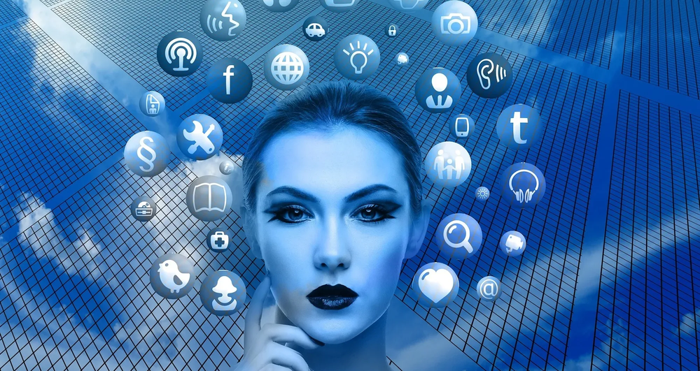Woman's face surrounded by floating social media and app icons, including Facebook and Tumblr, on a blue grid