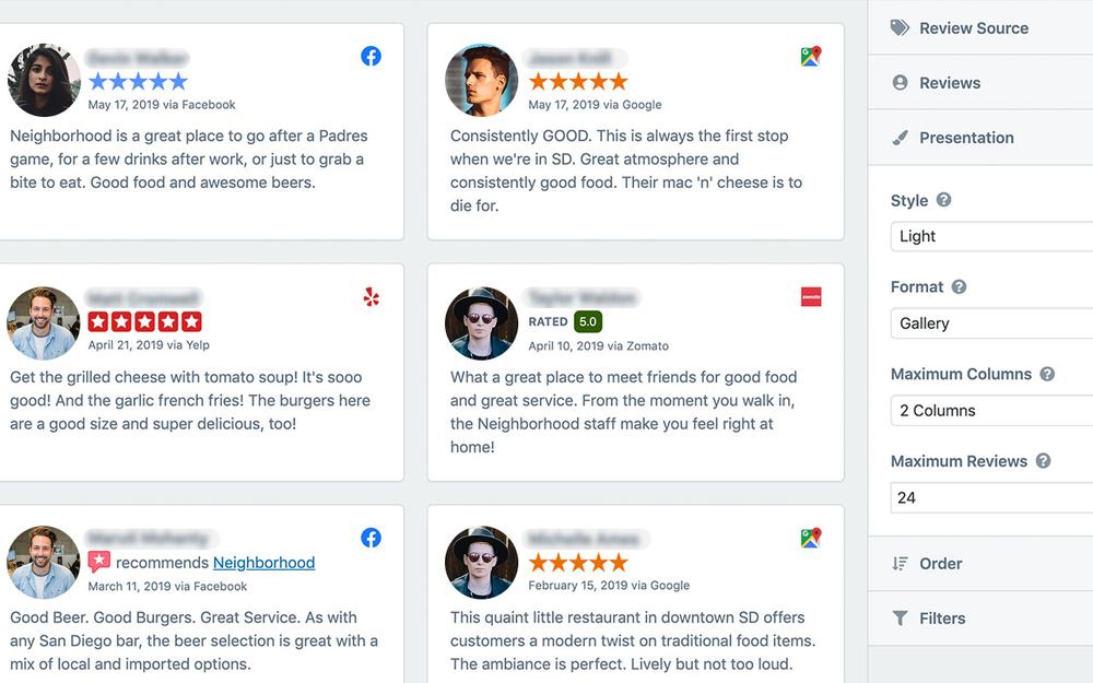 Review widget showing a restaurant's Facebook, Google, Yelp and Zomato reviews in a gallery, with layout settings